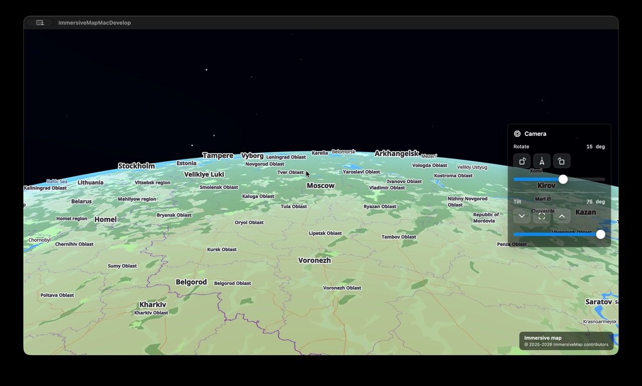 The ImmersiveMap engine showing a tilted view of the curved earth with vector-tile labels and a starfield.